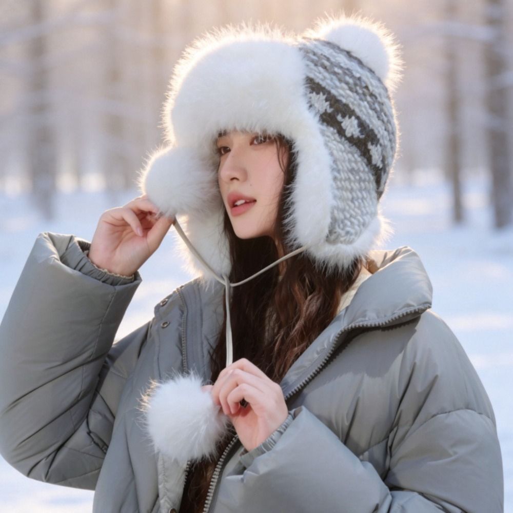 Trapper Hat Ear Flap - Stilvolle Polyester-Strickmütze mit Pompons, 55-58 cm